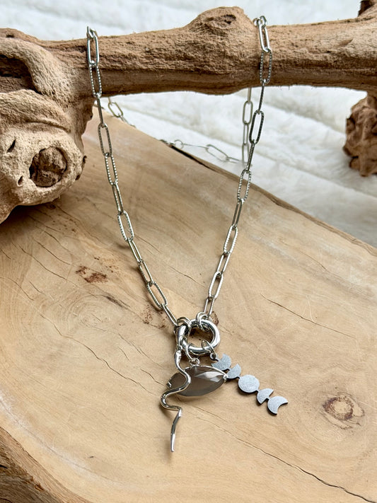 Gray Moonstone + Silver Carabiner Charm Necklace