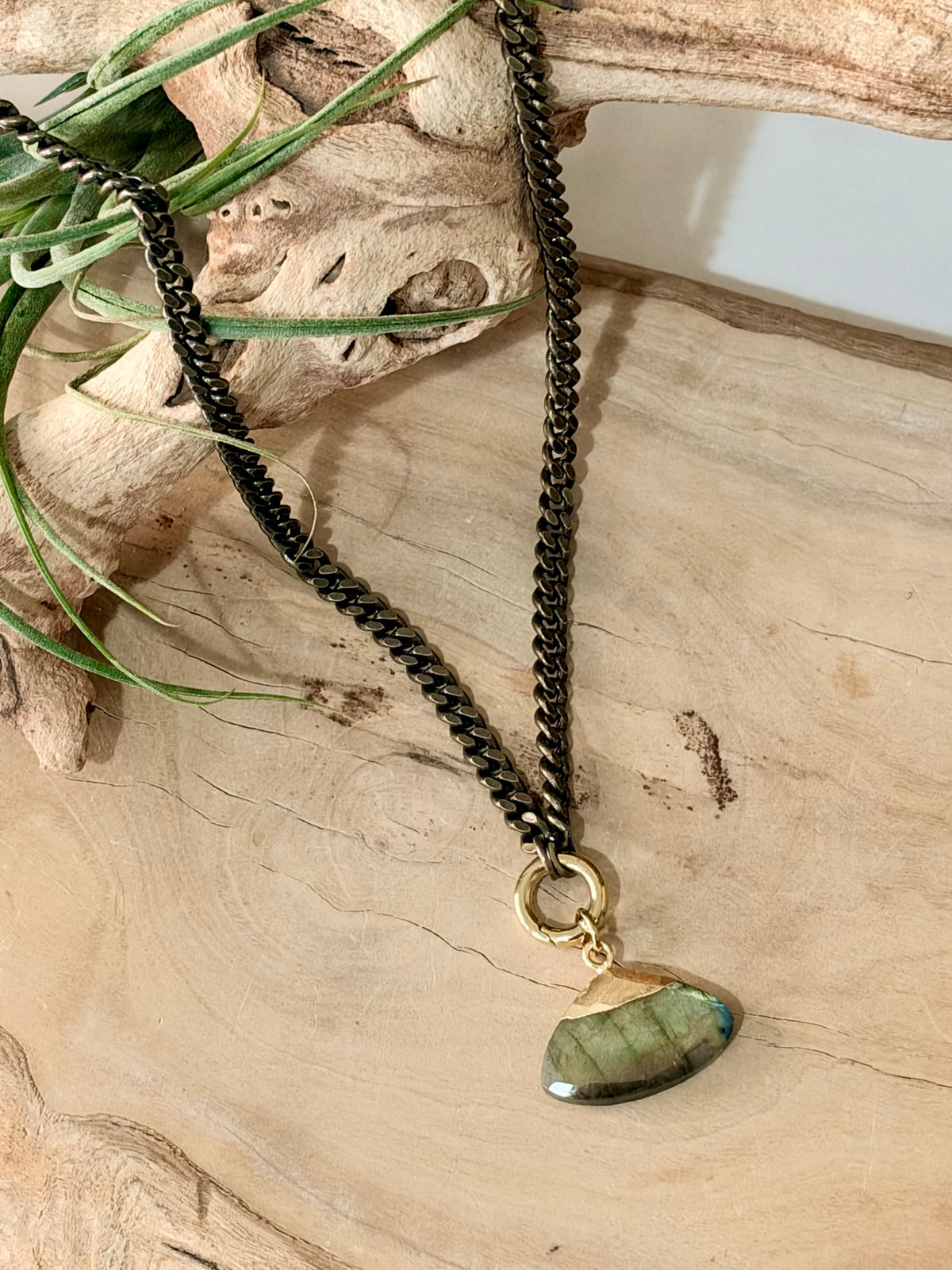 Labradorite + Antique Brass and Gold Carabiner Necklace