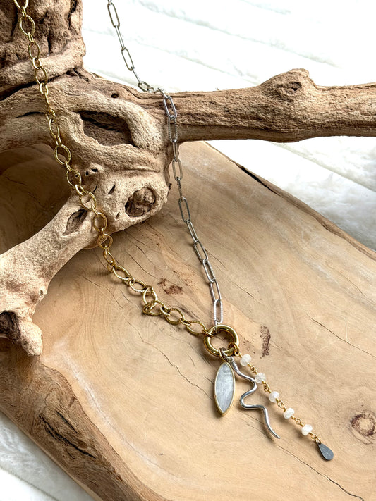 Rainbow Moonstone + Mixed Metal Carabiner Charm Necklace