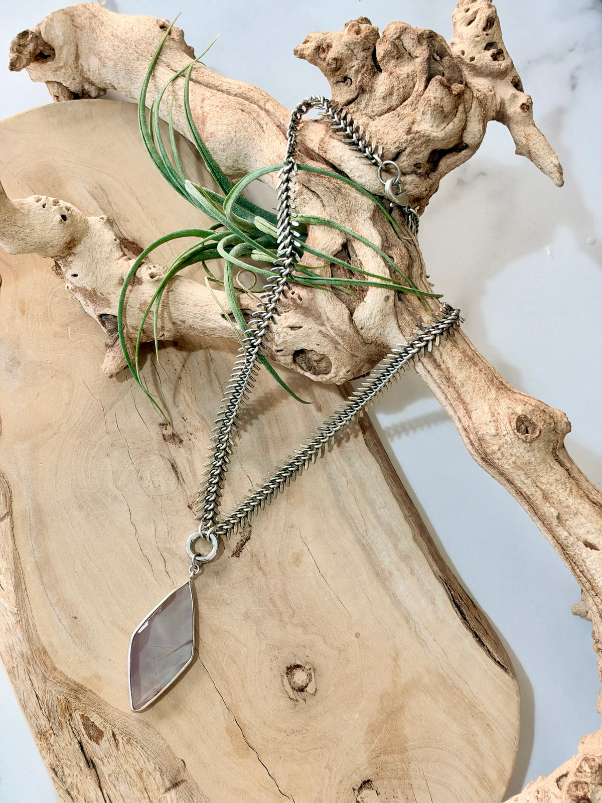Chocolate Moonstone + Antique Silver Fishbone Necklace