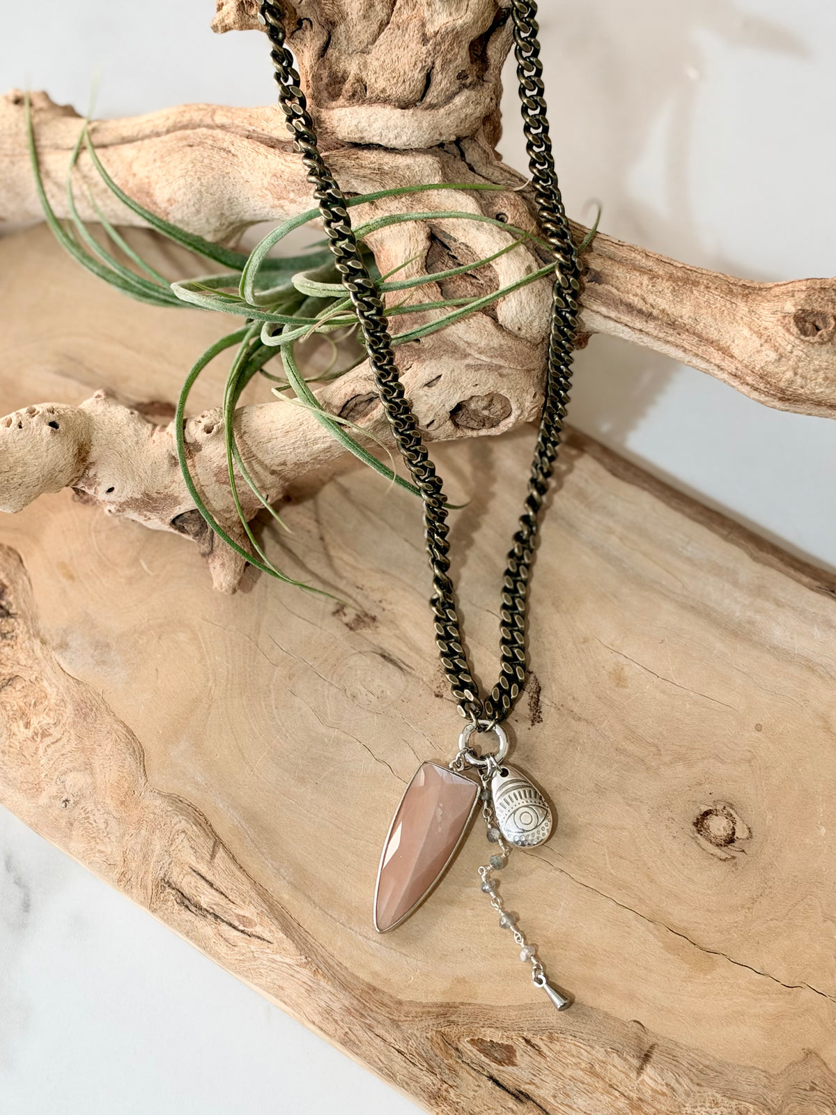 Peach Moonstone + Antique Brass and Gold Carabiner Necklace
