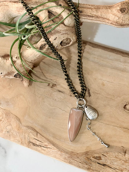 Peach Moonstone + Antique Brass and Gold Carabiner Necklace