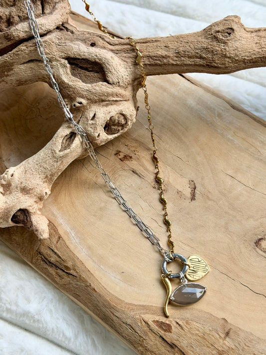 Gray Moonstone + Mixed Metal Carabiner Charm Necklace