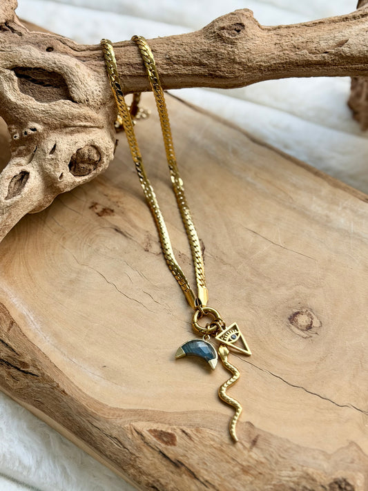 Labradorite Moon + Gold Protection Stainless Steel Necklace