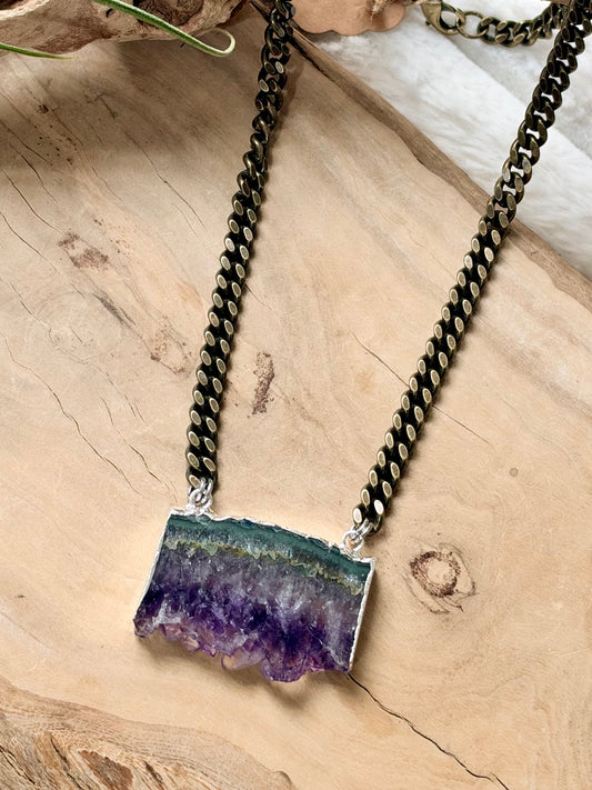 Amethyst Slice + Antique Brass Necklace