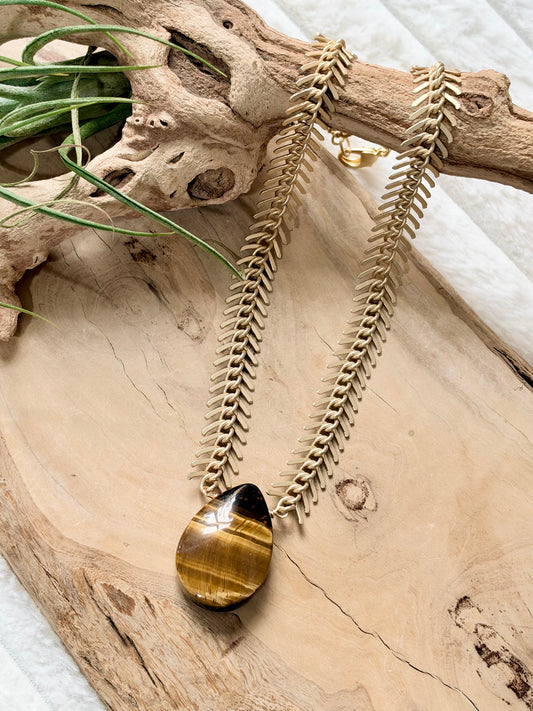 Tiger Eye + Matte Gold Fishbone Chain Necklace