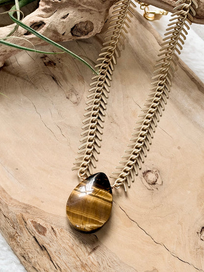 Tiger Eye + Matte Gold Fishbone Chain Necklace