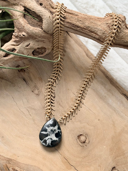 Septarian Fossil + Matte Gold Fishbone Chain Necklace