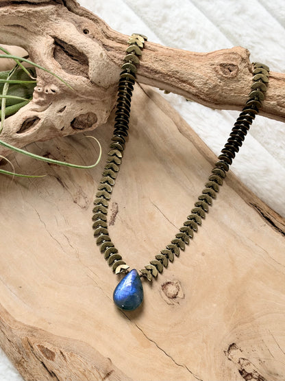 Labradorite + Antique Brass Half-Moon Necklace