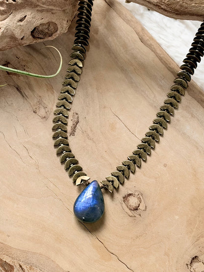 Labradorite + Antique Brass Half-Moon Necklace