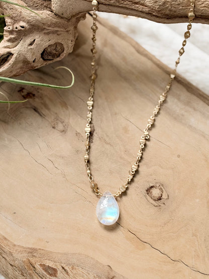 Rainbow Moonstone + Matte Gold Necklace