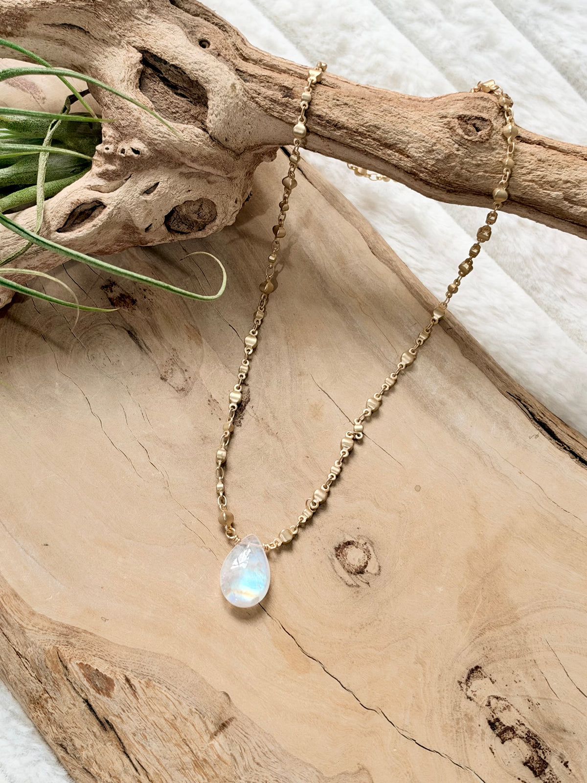 Rainbow Moonstone + Matte Gold Necklace