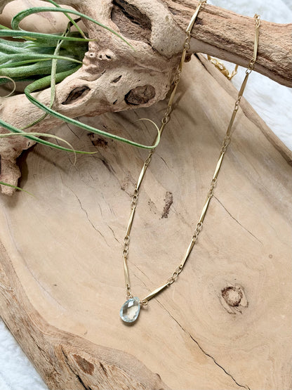 Pale Blue Topaz + Matte Gold Diamond Necklace