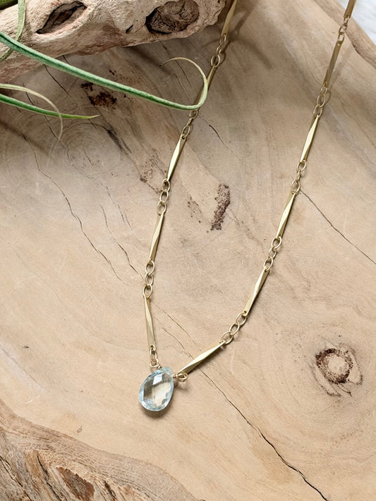 Pale Blue Topaz + Matte Gold Diamond Necklace