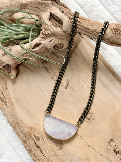 Druzy Agate + Antique Brass Necklace