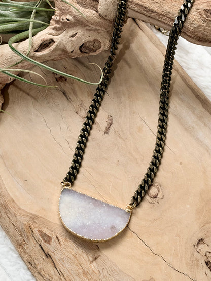 Druzy Agate + Antique Brass Necklace