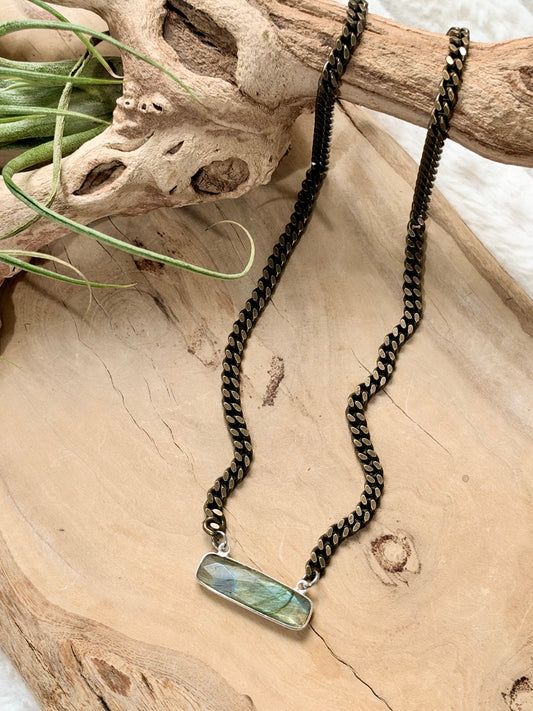Labradorite + Antique Brass Bar Necklace (Small)