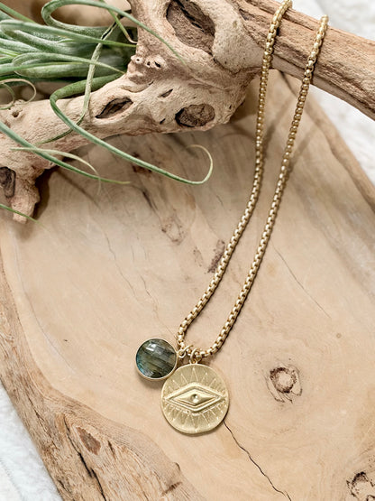 Round Labradorite + Matte Gold Evil Eye Necklace