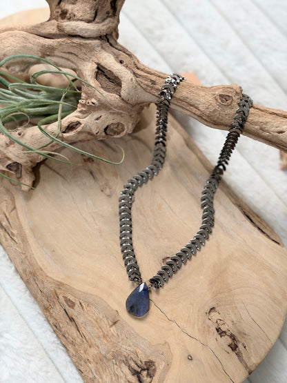 Labradorite + Gunmetal Half-Moon Necklace
