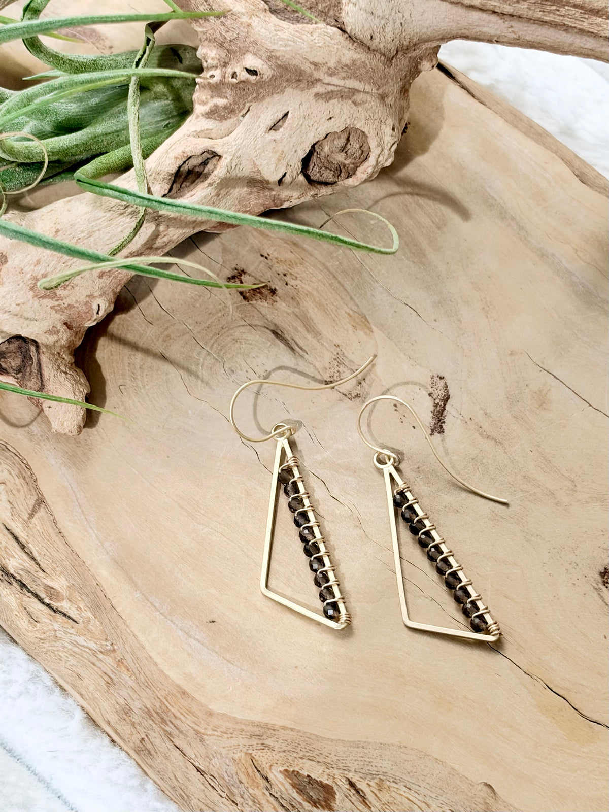 Smoky Quartz + Matte Gold Triangle Earrings