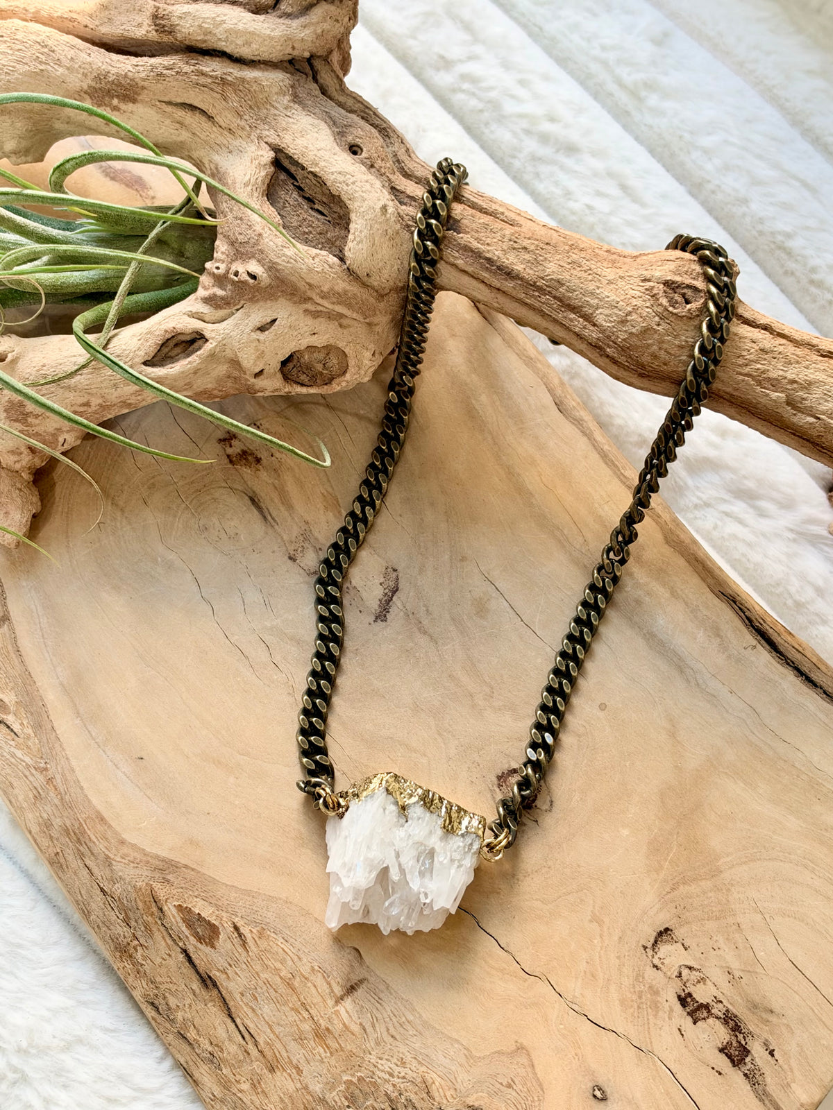 Rough Cut Quartz + Antique Brass Necklace