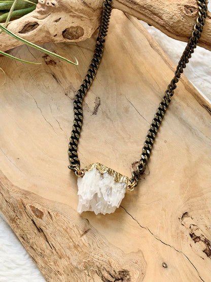 Rough Cut Quartz + Antique Brass Necklace