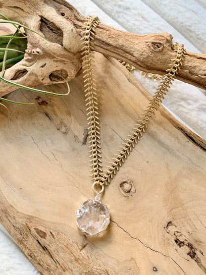Clear Quartz + Matte Gold Fishbone Chain Necklace