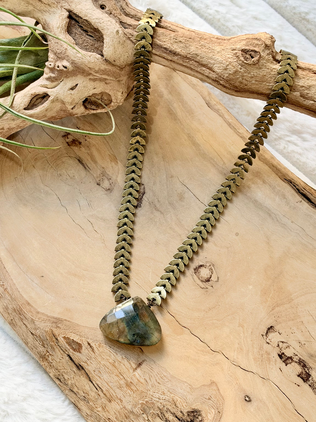 Labradorite + Antique Brass Half-Moon Necklace
