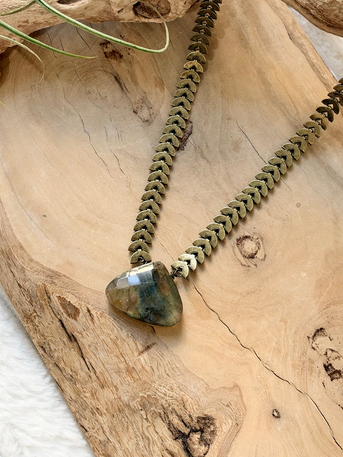 Labradorite + Antique Brass Half-Moon Necklace
