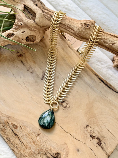 Russian Seraphinite + Matte Gold Fishbone Necklace