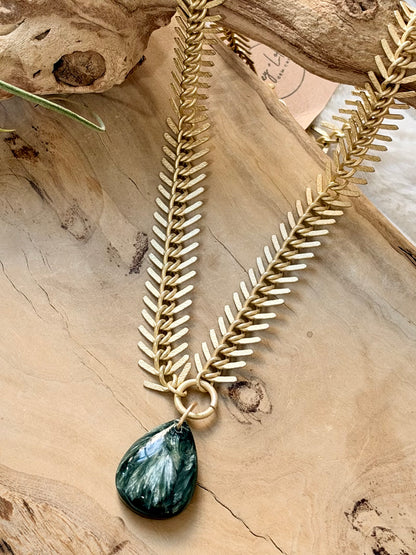 Russian Seraphinite + Matte Gold Fishbone Necklace