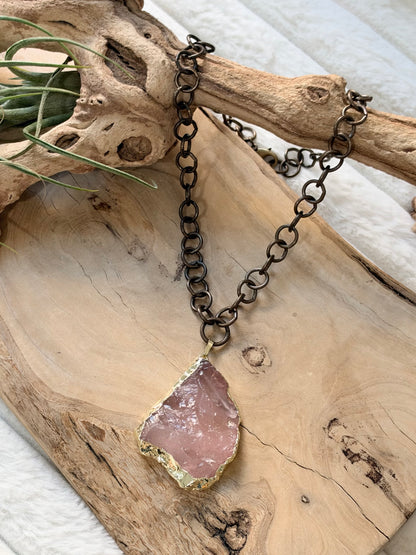 Rough Rose Quartz + Antique Brass Necklace