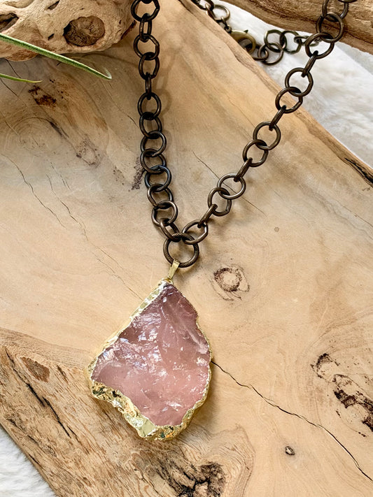 Rough Rose Quartz + Antique Brass Necklace