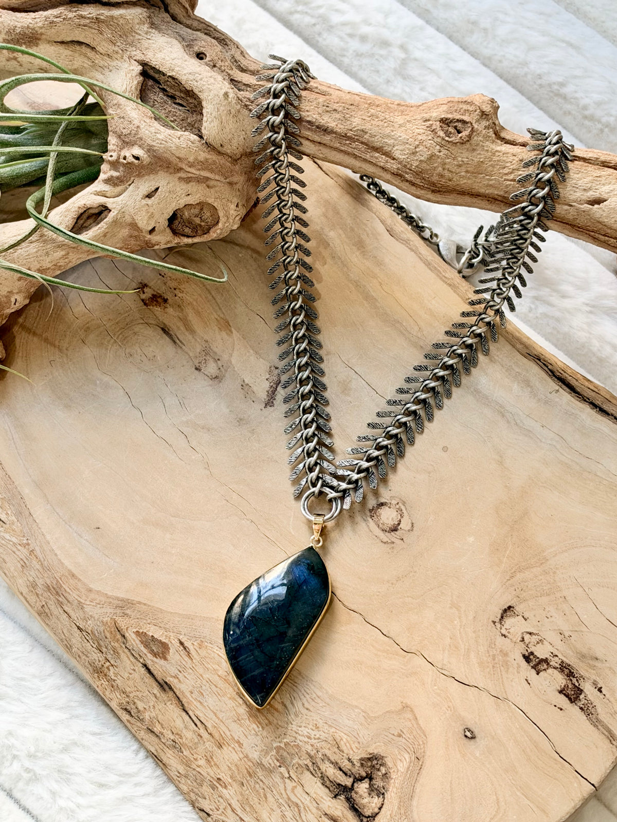 Labradorite + Antique Silver Fishbone Necklace