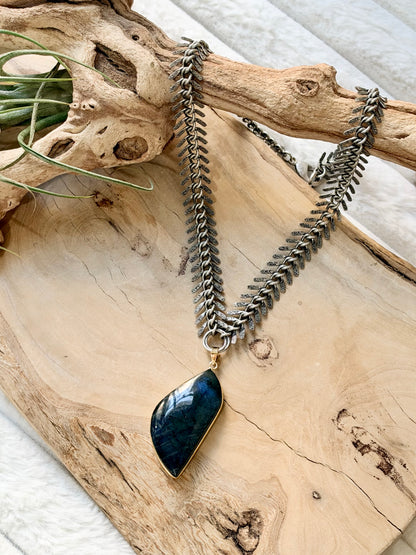 Labradorite + Antique Silver Fishbone Necklace