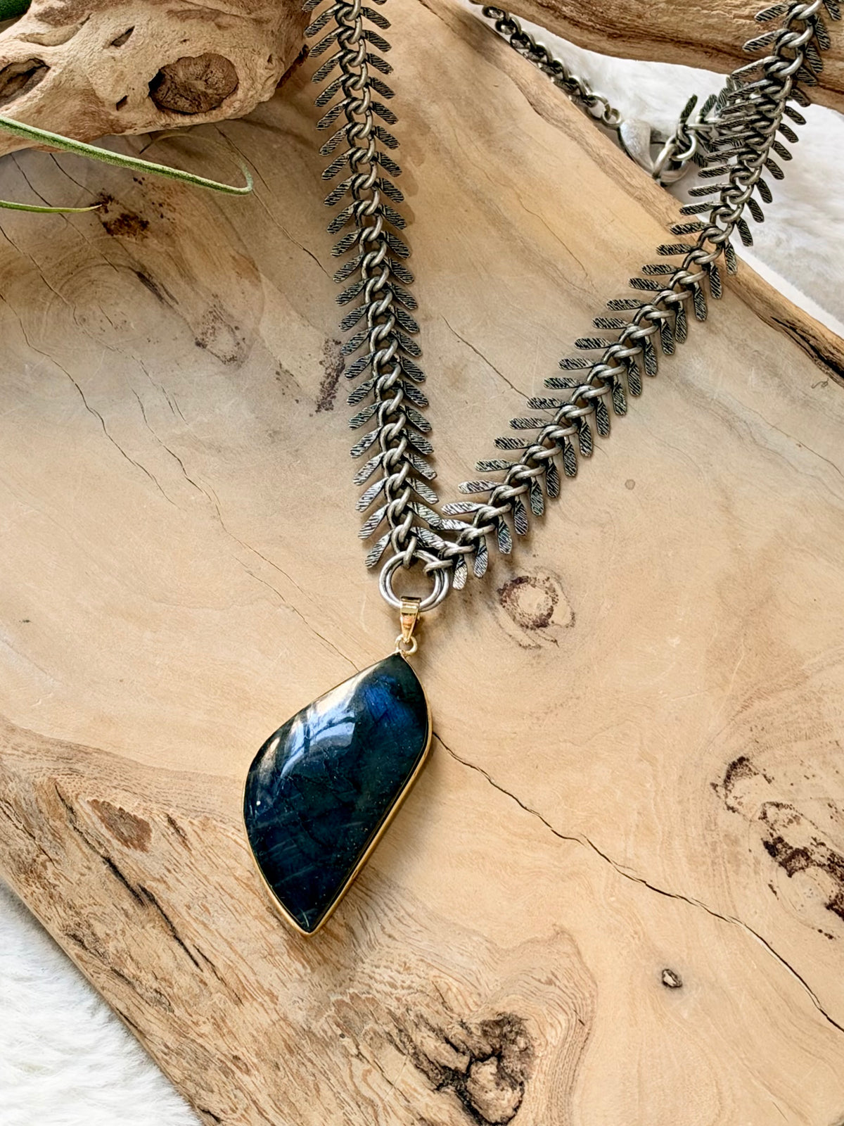 Labradorite + Antique Silver Fishbone Necklace