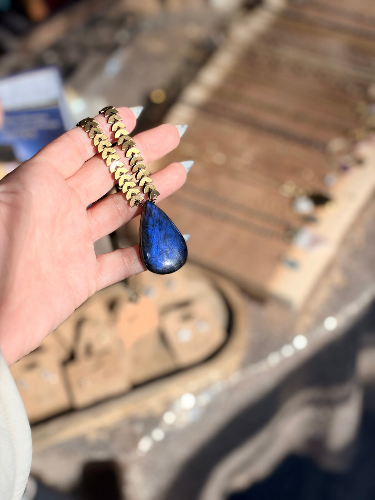 Neon Labradorite + Antique Brass Half-Moon Necklace