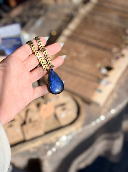 Neon Labradorite + Antique Brass Half-Moon Necklace