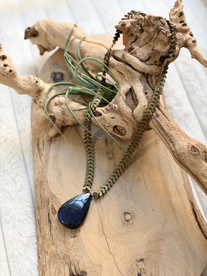 Neon Labradorite + Antique Brass Half-Moon Necklace