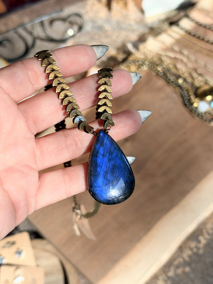 Neon Labradorite + Antique Brass Half-Moon Necklace
