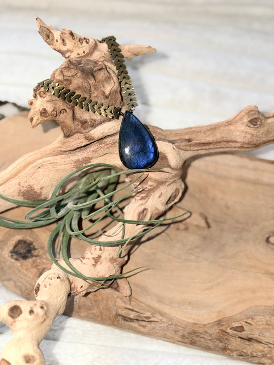 Neon Labradorite + Antique Brass Half-Moon Necklace