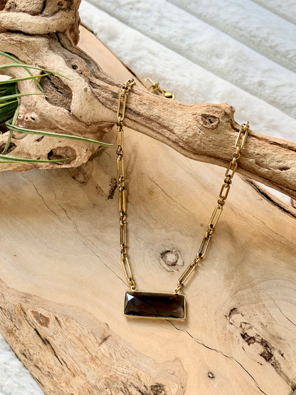 Smoky Quartz + Gold Bar Pendant Necklace