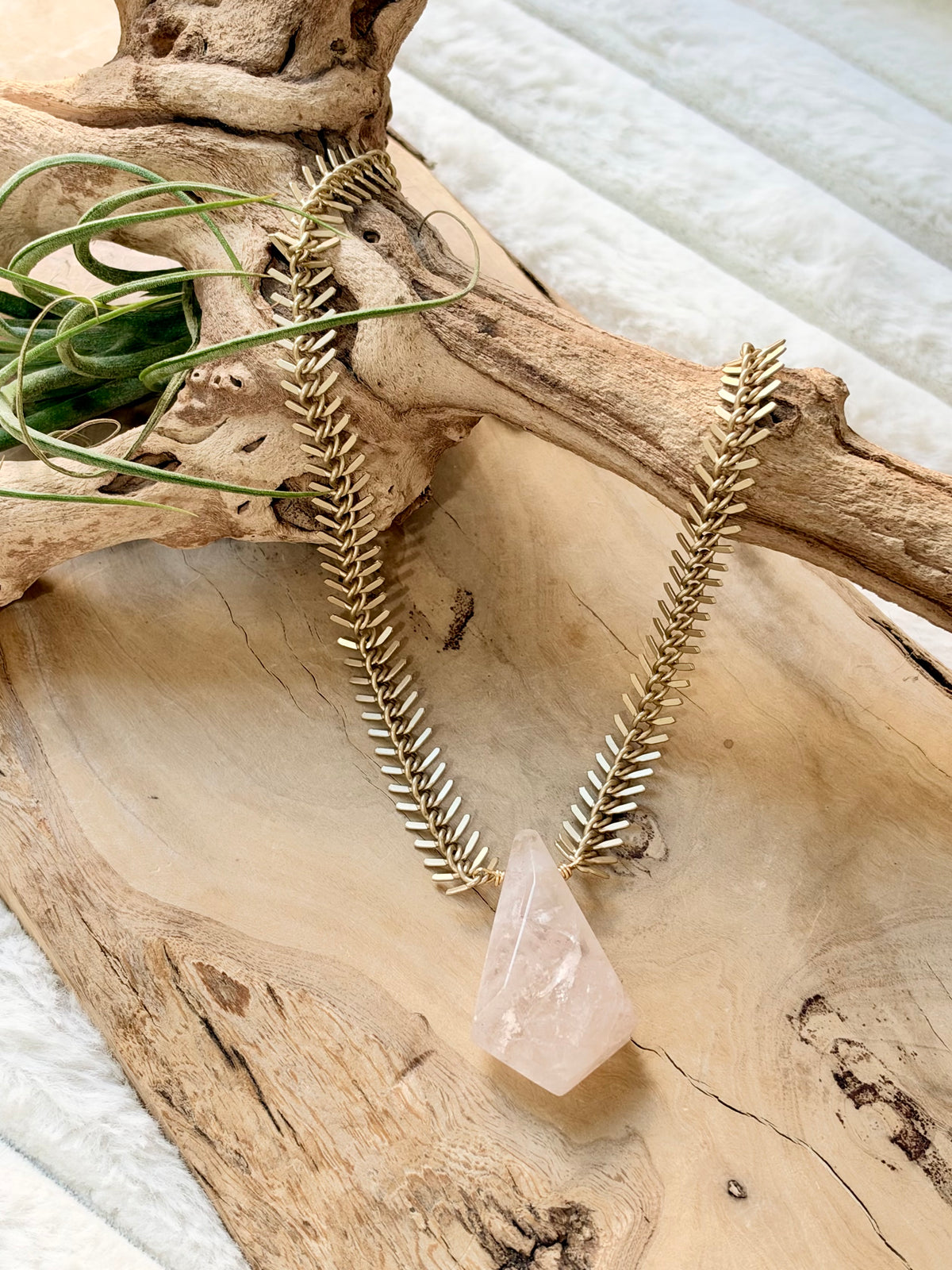 Brazilian Quartz + Matte Gold Fishbone Necklace