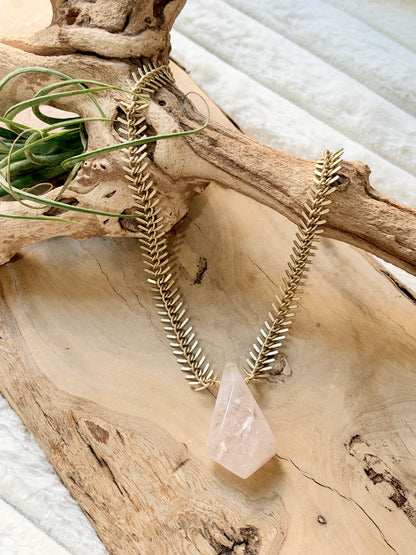 Brazilian Quartz + Matte Gold Fishbone Necklace