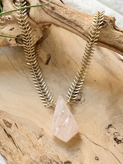 Brazilian Quartz + Matte Gold Fishbone Necklace