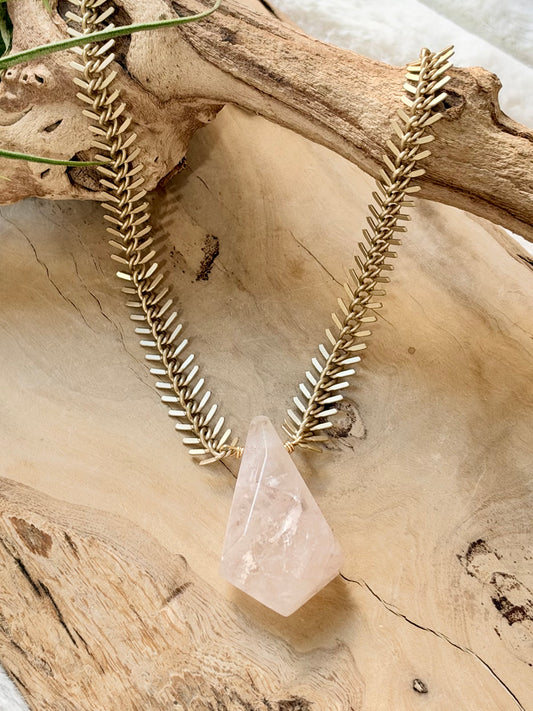 Brazilian Quartz + Matte Gold Fishbone Necklace