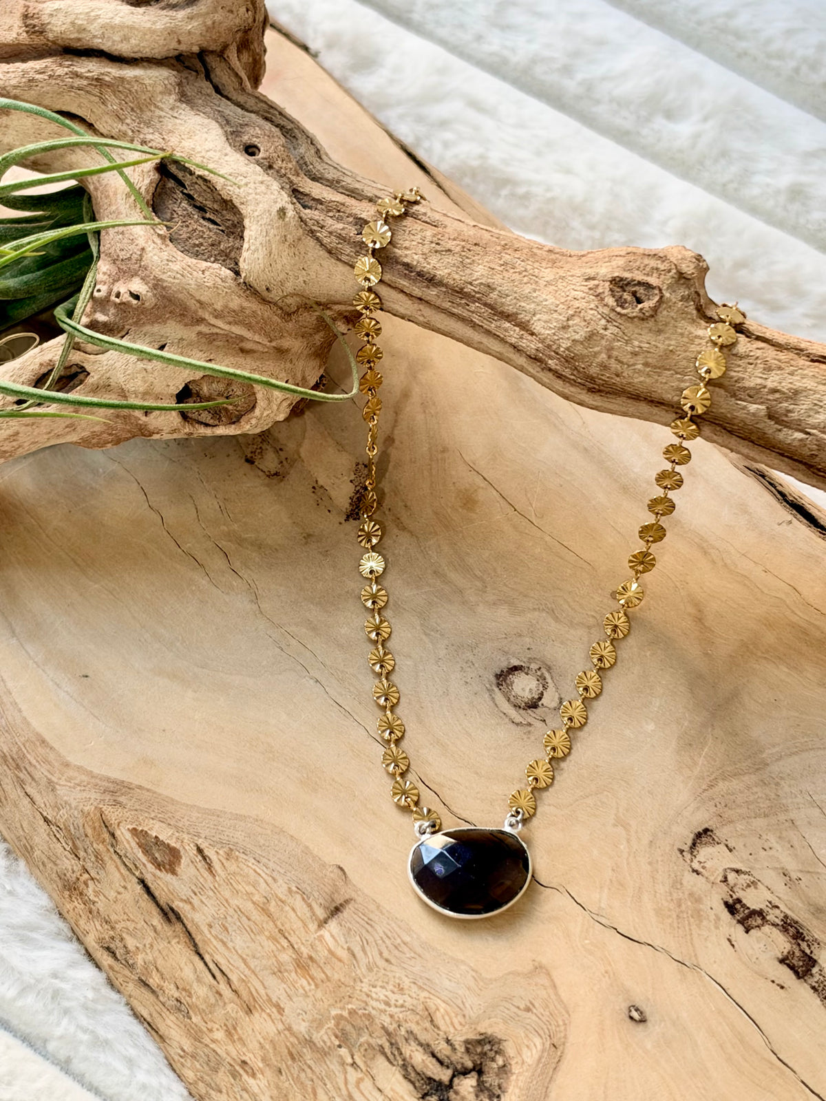 Smoky Quartz + Gold Sequin Necklace