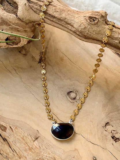 Smoky Quartz + Gold Sequin Necklace