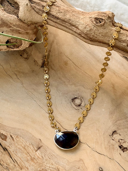 Smoky Quartz + Gold Sequin Necklace