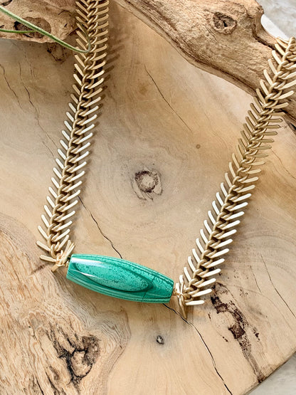 Malachite + Matte Gold Fishbone Necklace
